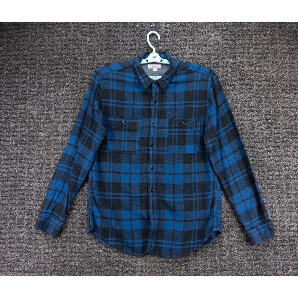 Wallace & Barnes Shirt Mens Large Blue Black Plaid Heavyweight Flannel Outdoor
